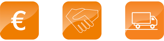 Logotyper med eurotecken, handslag och skåpbil