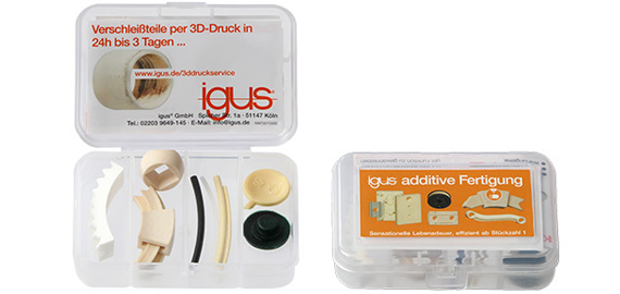 Provlåda från 3D-printleverantören för slitdelar av iglidur